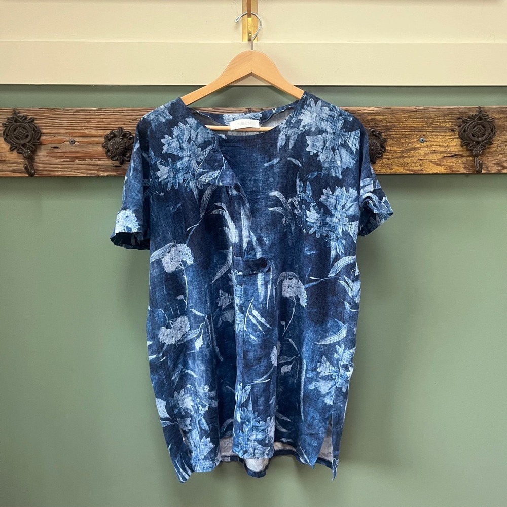 Noen‎ Blue Floral 100% Linen Tunic Top /Dress Short Sleeve Lagenlook Size US 14